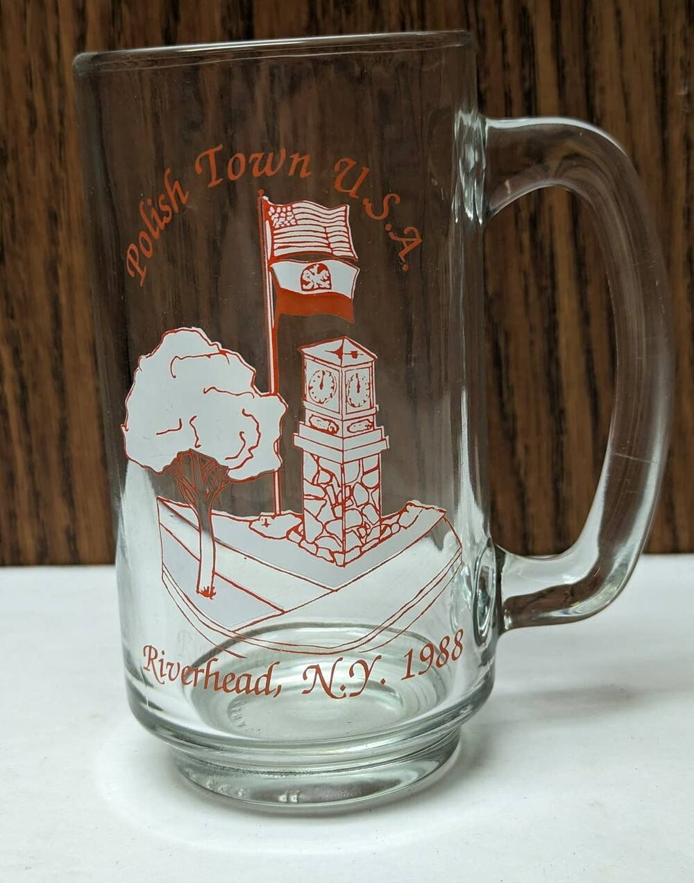 Polish Town USA Tower Clock Glass Stein Mug 1970s 80s Riverhead, New York